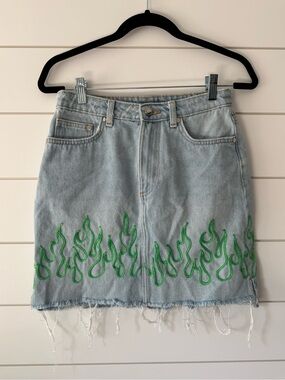 H&M Light Denim Mini Skirt with Custom Embroidered Green Flame Size 8